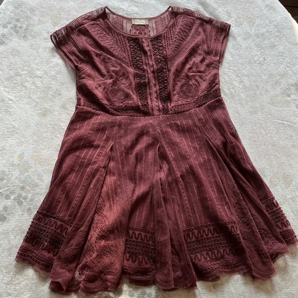Altar'd State Dark Red Burgundy Beaded and Embroidered Flutter Sleeve Dress - Picture 3 of 15